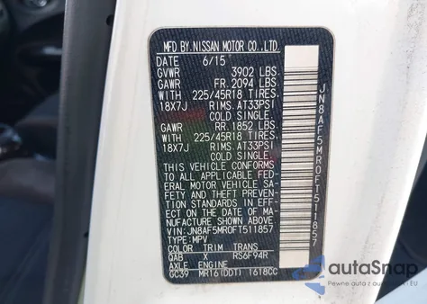 2015 Nissan Juke Nismo z USA, uszkodzony, nr VIN JN8AF5MR0FT511857